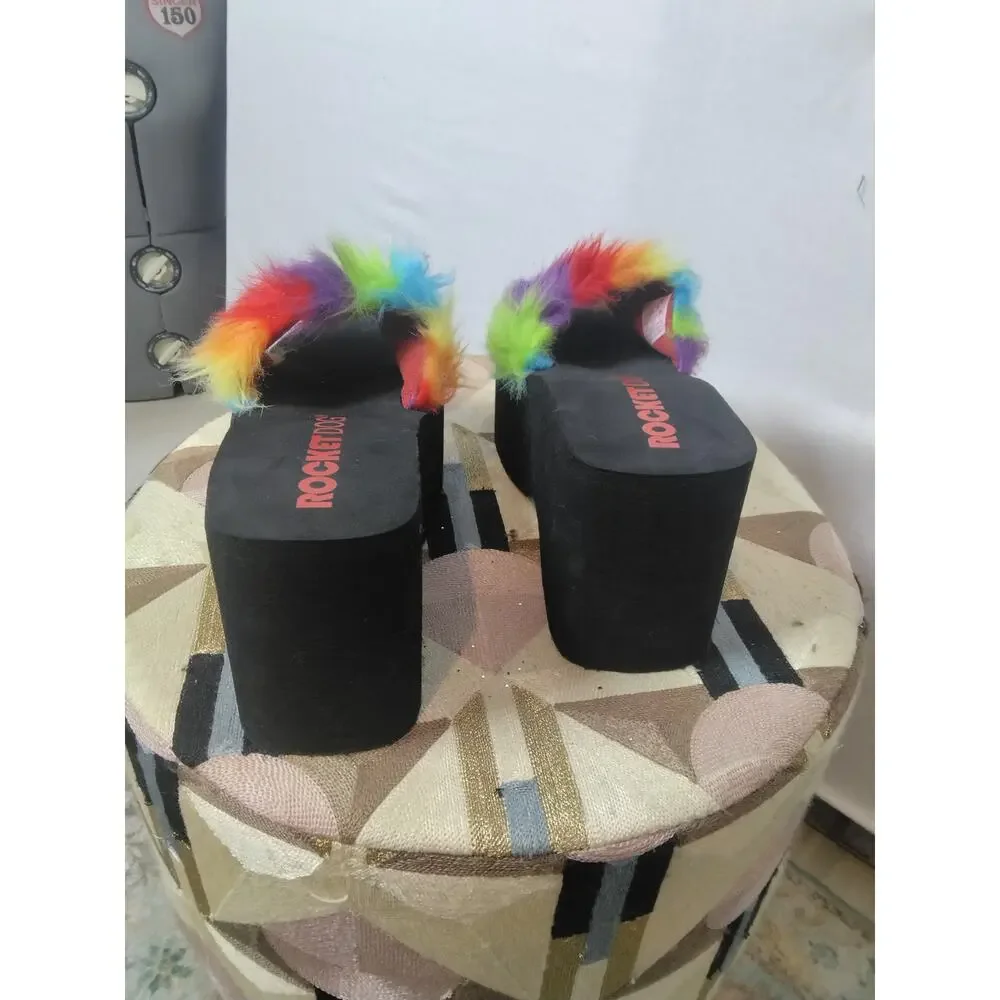 Rocket Dog Boom Rainbow Platform Slides Womens Sz 9 Fuzzy Faux Fur Y2K inspired
